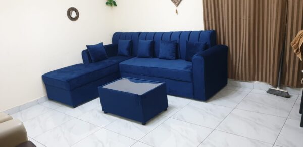 L-Shaped Sofa with Center Table and Pillows – All Colors Available