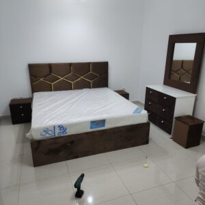 Fabric King Size Bed Set 180x200cm – With Medical Mattress, Side Tables & Dressing Table
