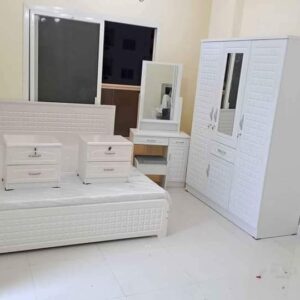 Complete King Size Bedroom Set (180x200cm) with Medical Mattress, 2 Side Tables, Dressing Table & 3-Door Cabinet – (Black)